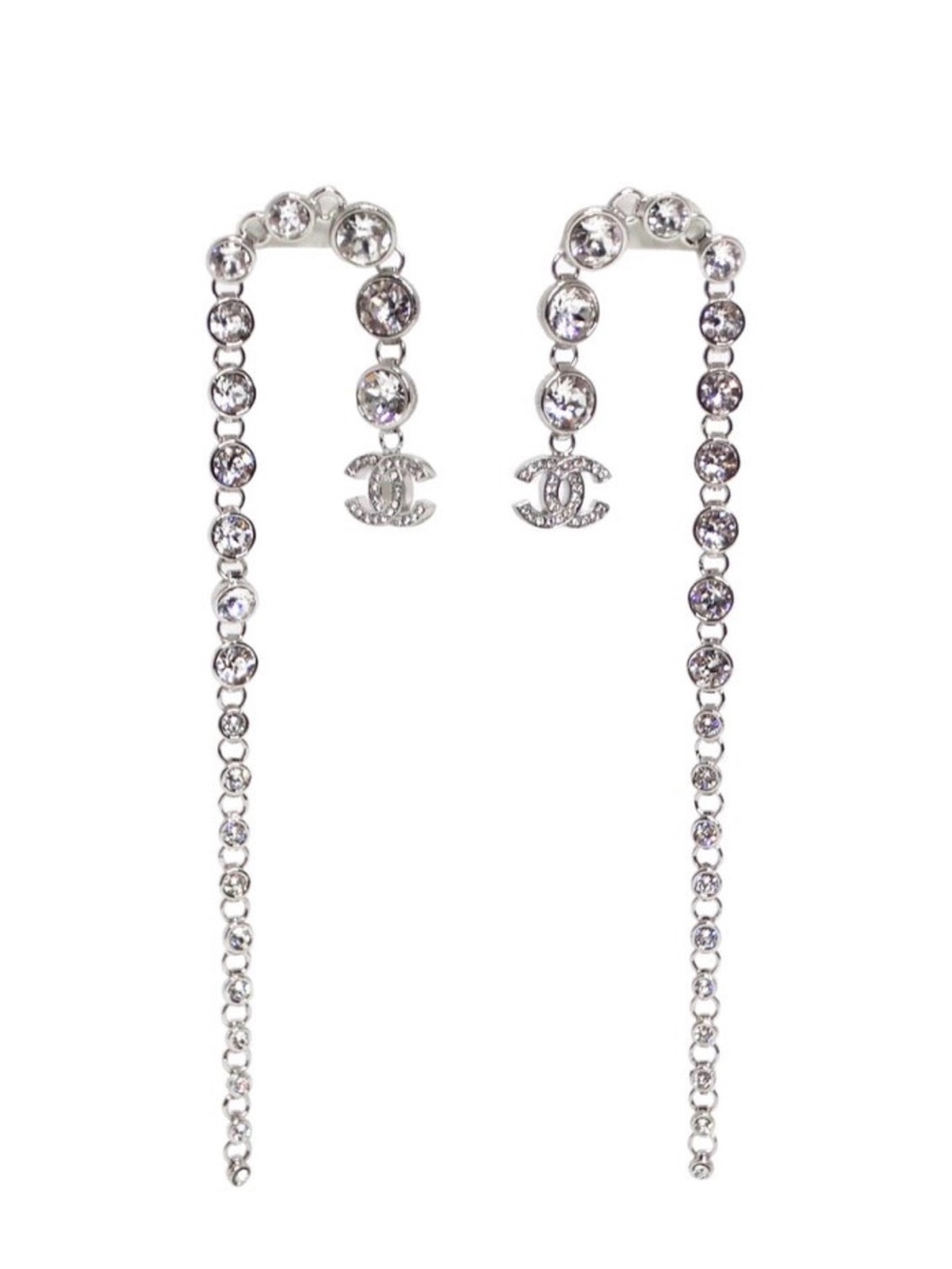 🪩 CHANEL Silver Crystal Linear CC Drop Earrings